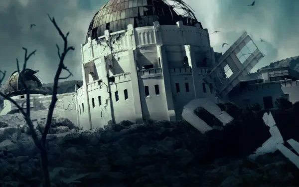 Greenland 2: Migration — 5K Ultra HD PC desktop wallpaper showing a shattered domed building in a cold, ruined landscape with collapsed structures and circling birds.