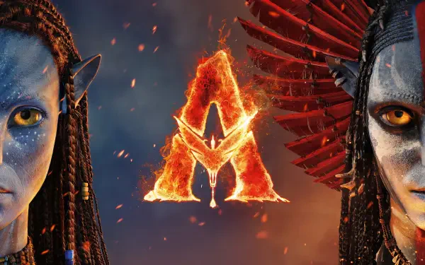 Avatar: Fire and Ash 5K Ultra HD PC desktop wallpaper — two blue Na'vi faces flank a blazing A emblem, red feathered wing detail and glowing embers on a dark, smoky background.