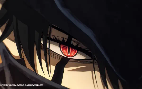 Close-up of Nacht from Black Clover — red eye glows beneath a hood, dark lashes and mask detail; HD PC desktop wallpaper/background, anime art.