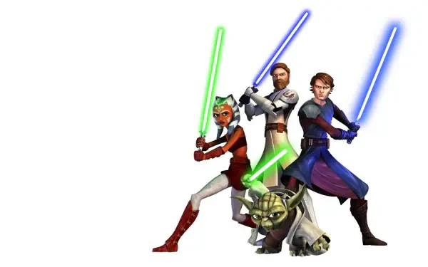 Star Wars: The Clone Wars (2008) HD PC wallpaper: Ahsoka Tano, Obi-Wan Kenobi, Anakin Skywalker and Yoda brandish glowing lightsabers against a white background.