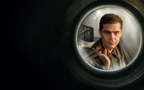 HD PC desktop wallpaper showing a close-up of Berlin (La Casa De Papel) framed by a peephole against a dark background.