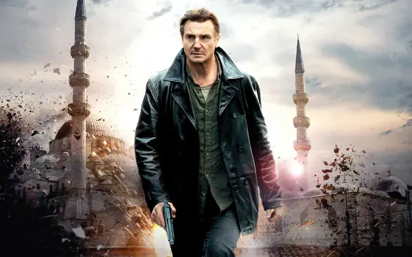 Taken 2 HD PC desktop wallpaper/background: lone man in leather jacket walks through a blasted city with minarets, smoke and explosions.