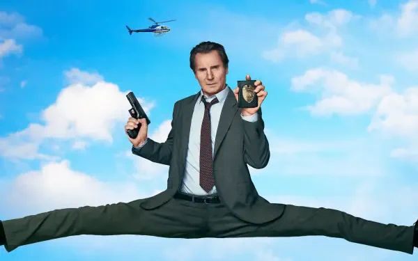 4K Ultra HD PC desktop wallpaper: a slapstick detective from The Naked Gun doing a midair full split, holding a gun and badge under a blue sky with a helicopter.