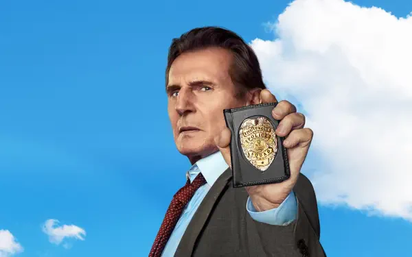 The Naked Gun 4K Ultra HD PC desktop wallpaper: a stern suited cop holds a badge toward the viewer against a bright blue sky dotted with white clouds.
