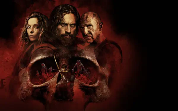 28 Years Later 4K Ultra HD PC desktop wallpaper: dark red-black composition of three haunted faces above a blood-streaked skull, tiny silhouetted survivors visible inside the jaw.
