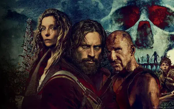 28 Years Later 4K Ultra HD PC desktop wallpaper and background: gritty post‑apocalyptic trio—bearded man center, scarred man, woman—skull‑shaped moon and distant walkers.