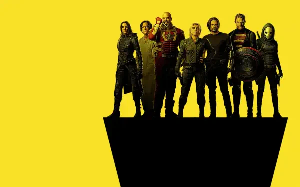 Thunderbolts* (2025) 4K Ultra HD PC desktop wallpaper: seven silhouetted figures in heroic poses on a jutting ledge against a vivid yellow background.