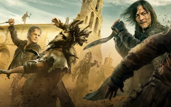 2K Quad HD PC desktop wallpaper: The Walking Dead: Daryl Dixon in a ruined city, knife raised amid attackers and swirling dust.