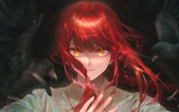 Chainsaw Man anime portrait: red-haired character with glowing amber eyes, wind-tousled hair and black crows in a dark backdrop — 4K Ultra HD PC desktop wallpaper/background.
