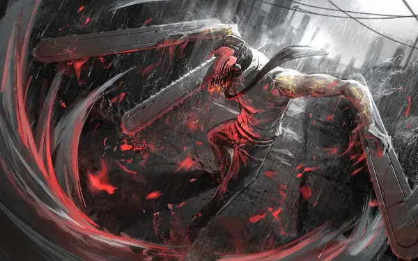 Chainsaw Man 4K Ultra HD PC desktop wallpaper and background: figure with twin chainsaw arms spinning red-splattered blades through rain-soaked ruins, dynamic motion and sparks.