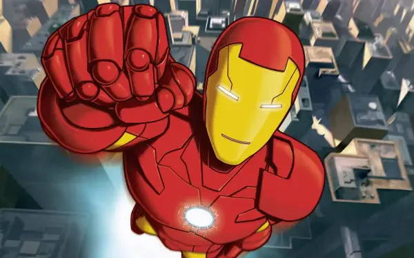 Iron Man: Armored Adventures — Iron Man in red-and-gold armor soars above a city with fist raised; HD PC desktop wallpaper/background.