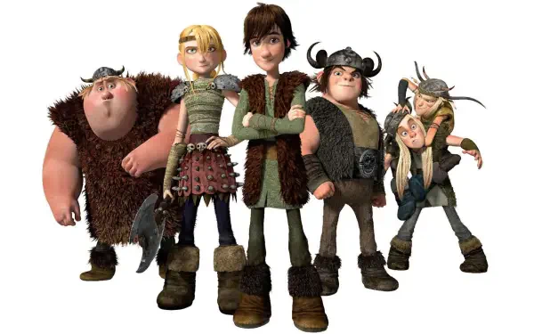 Dragons: Riders of Berk HD PC desktop wallpaper — six Viking riders from Berk standing together, Hiccup front-center with crossed arms against a white background.