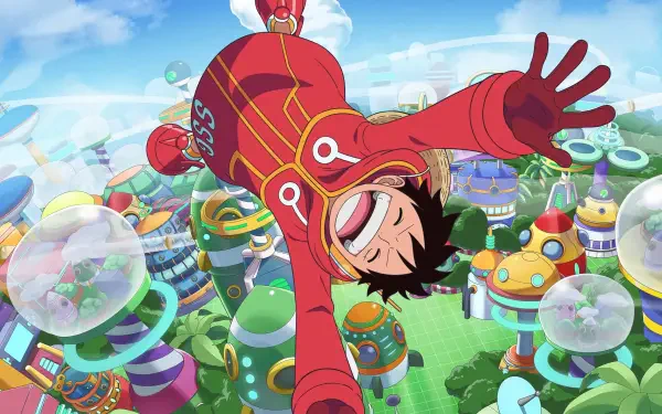 One Piece — Luffy in a red suit joyfully flying over a colorful bubble city, 4K Ultra HD PC desktop wallpaper and background.
