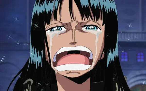 One Piece 4K Ultra HD PC desktop wallpaper: close-up of Nico Robin crying, mouth agape and tears streaming, dark night backdrop with faint lights.