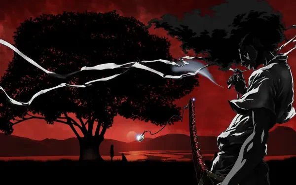 Afro Samurai silhouette with katana and flowing headband against a crimson sunset and lone tree — HD PC desktop wallpaper background, cinematic anime-style composition.