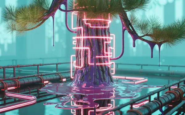 4K Ultra HD PC desktop wallpaper background: a neon-lit pine with glowing pink circuit tubes and dripping purple resin, rising from a reflective platform of pipes against a teal cyberpunk city backdrop.