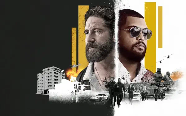 Den of Thieves 2: Pantera 2K Quad HD PC wallpaper — split portrait of two men over city and tactical scenes, helicopters, explosions and bold yellow accents.