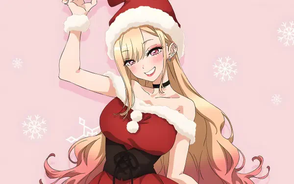 4K Ultra HD PC desktop wallpaper: Anime Marin Kitagawa (My Dress-Up Darling) winking in a Santa dress on a pink, snowflake-strewn background.
