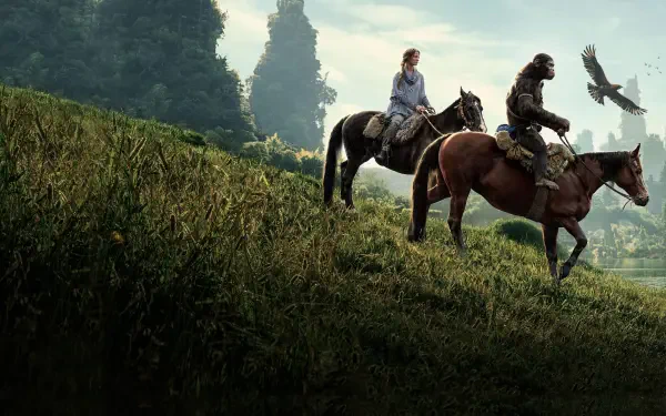 4K Ultra HD PC desktop wallpaper/background from Kingdom of the Planet of the Apes: a human and an ape ride horses along a grassy ridge with birds and a misty forest backdrop.