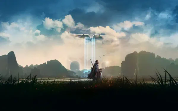 The Creator (2023) 4K Ultra HD PC desktop wallpaper and background: lone figure stands before a towering luminous monolith in a misty, mountainous alien landscape under dramatic clouds.