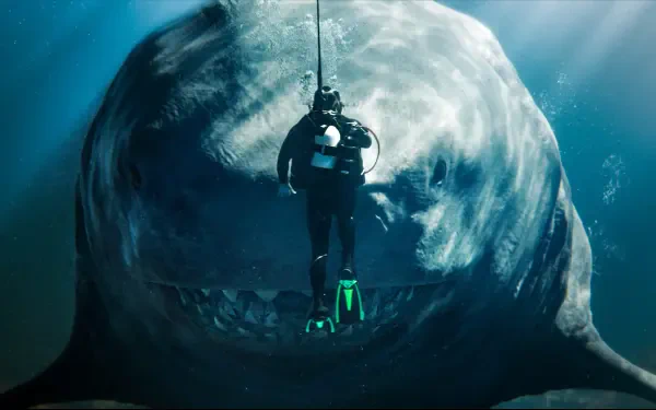 Meg 2: The Trench — 4K Ultra HD PC desktop wallpaper of a scuba diver suspended before an enormous megalodon opening its jaws in the deep trench.