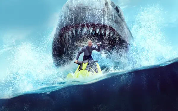 The Meg — 4K Ultra HD PC desktop wallpaper: a giant megalodon erupts from the ocean behind a man on a yellow jet ski, jaws wide and waves exploding.