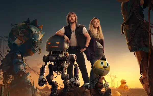 Two travelers and several robots stand at sunset amid a retro-futuristic wasteland of broken rides — The Electric State, 4K Ultra HD PC Desktop Wallpaper and Background.