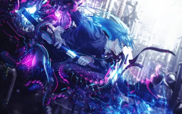 Jujutsu Kaisen 4K Ultra HD PC wallpaper - blue-haired sorcerer slashing a glowing blade as purple-blue cursed tentacles swirl through a neon-lit ruined city.