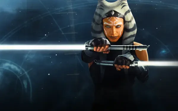Ahsoka (2023) — 4K Ultra HD PC desktop wallpaper: Ahsoka holds dual white lightsabers crossed before a dark, starry cosmic background.