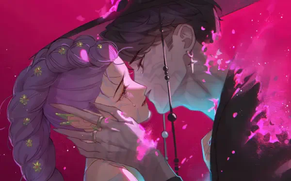 KPop Demon Hunters 4K Ultra HD PC wallpaper: anime-style purple-braided woman and dark-haired man face-to-face in a tender, pink-spark-lit moment.