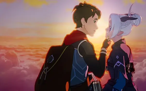 The Dragon Prince HD PC desktop wallpaper: Callum and Rayla touch foreheads above glowing clouds at sunset, bathed in warm, cinematic light.
