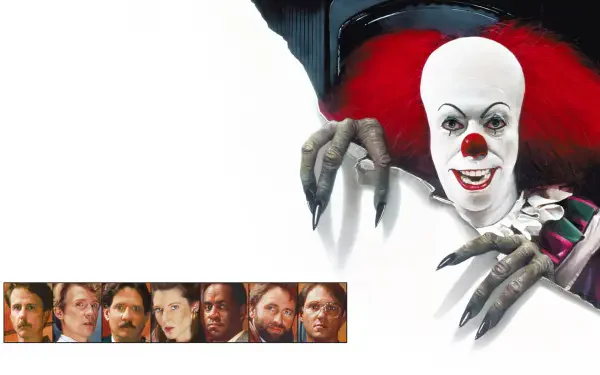 2K Quad HD PC desktop wallpaper: Pennywise the clown from It (1990) lunging with long fingers over white space, small cast portraits lined along the bottom.