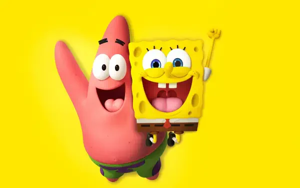 4K Ultra HD PC desktop wallpaper: SpongeBob SquarePants and Patrick Star laughing together on a vivid yellow background.