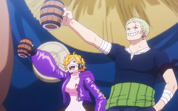 HD PC desktop wallpaper of One Piece: Lilith (One Piece) and Roronoa Zoro cheer, raising wooden mugs and grinning against a dramatic blue-and-gold background.