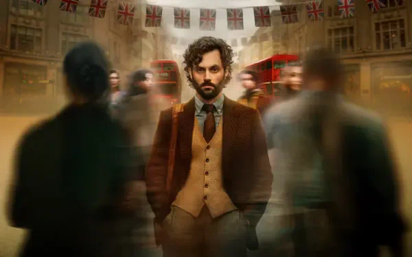 4K Ultra HD PC desktop wallpaper: bearded man in a brown three-piece suit stands center amid blurred commuters and red double-decker buses beneath Union Jack bunting.