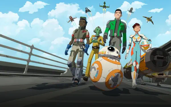 Star Wars Resistance 4K Ultra HD PC desktop wallpaper: animated Resistance crew and BB‑8 stride across a runway with starfighters against a bright blue sky.