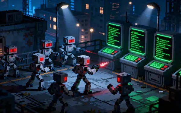 Pixel-art AI uprising on a neon city rooftop: armed robots storm glowing green code consoles, red laser sights and rainy skyline — 4K Ultra HD PC desktop wallpaper and background.