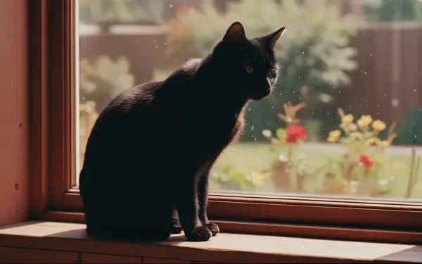 Black cat silhouetted on a windowsill with sunlit garden bokeh — 4K Ultra HD PC desktop wallpaper and background.