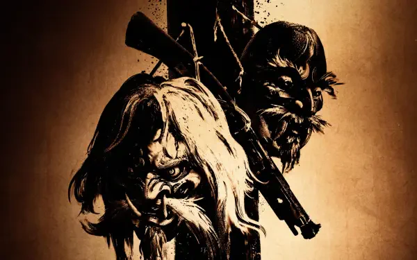 4K Ultra HD PC wallpaper of the video game Ghost of Yōtei — two eerie worn masks hung on a wooden post, dark samurai aesthetic with deep shadows and sepia tones.