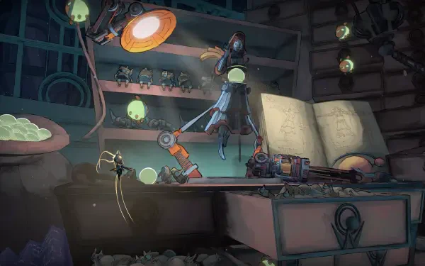 HD PC desktop wallpaper for the video game Mio: Memories in Orbit — a dim workshop scene with a lamp-lit robot assembling tiny figures on a cluttered workbench, open book and glowing orbs.