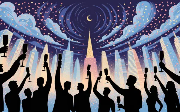 4K Ultra HD PC desktop wallpaper: New Year's Eve city skyline with swirling night sky, crescent moon, confetti and fireworks, silhouetted crowd raising glasses in celebration.