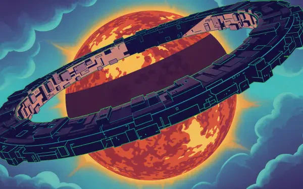 4K Ultra HD PC Desktop Wallpaper and Background: glowing orange planet framed by a hovering cybernetic ring with neon circuitry against a teal, clouded sky.