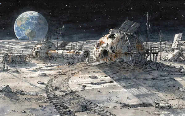 4K Ultra HD PC desktop wallpaper and background: detailed lunar base with domed habitats, rover tracks across regolith, antennas and modules beneath a starry sky and distant Earth.