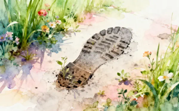Watercolor boot print in sand among grasses and wildflowers — 4K Ultra HD PC desktop wallpaper and background.