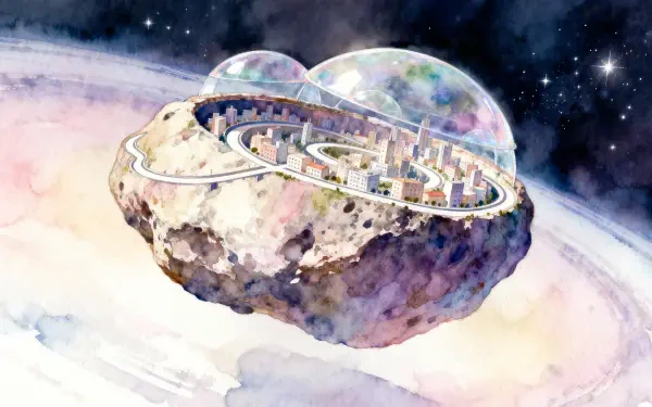 4K Ultra HD PC desktop wallpaper and background: a watercolor-style floating asteroid city with glass domes, ring road and tiny skyscrapers drifting above a pastel planet and starry space.