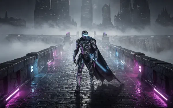 4K Ultra HD PC desktop wallpaper and background: lone cybernetic warrior with glowing sword and cape stands on neon-lit bridge, overlooking foggy futuristic city skyline.