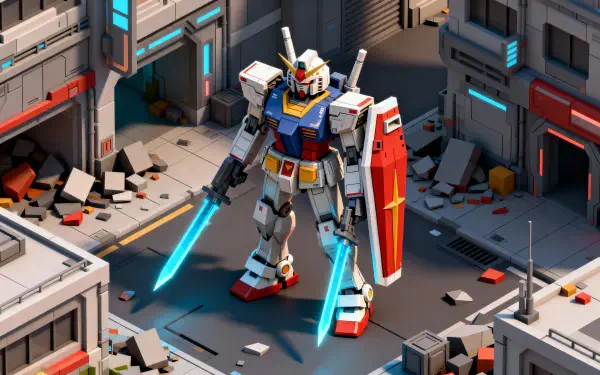 Gundam mobile suit stands in a ruined urban corridor, dual blue beam sabers ignited and red shield raised — 4K Ultra HD PC desktop wallpaper and background with high‑detail sci‑fi lighting.