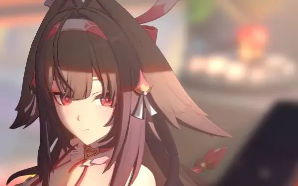 HD PC wallpaper of Ye Shunguang (Zenless Zone Zero): close-up of a brown‑haired, red‑eyed anime character with ribboned hair against a soft, blurred city background.