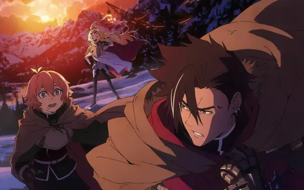 HD PC desktop wallpaper of Sentenced to Be a Hero featuring Teoritta, Xylo Forbartz, and Dotta Luzulas fleeing across a snowy mountain landscape at sunset.