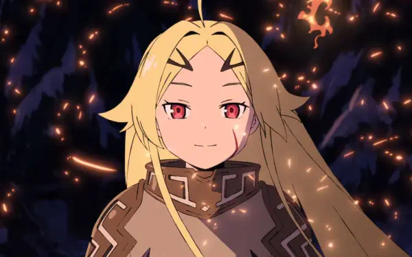HD PC wallpaper of Teoritta from Sentenced to Be a Hero: close-up anime portrait with long blonde hair, red eyes, confident smile, glowing embers against a dark, starry background.